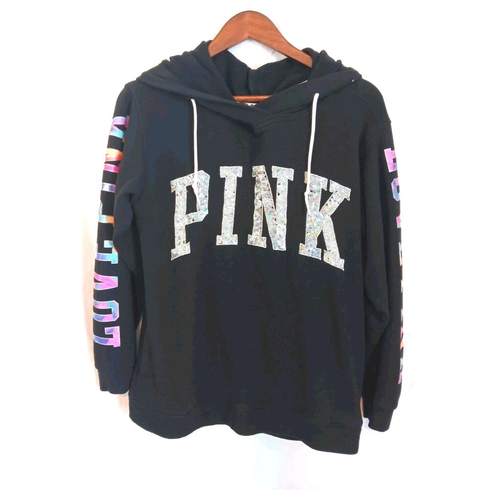 Victoria’s Secret PINK 2018 Black Sequin Logo Rainbow Sleeve Pullover Hoodie S